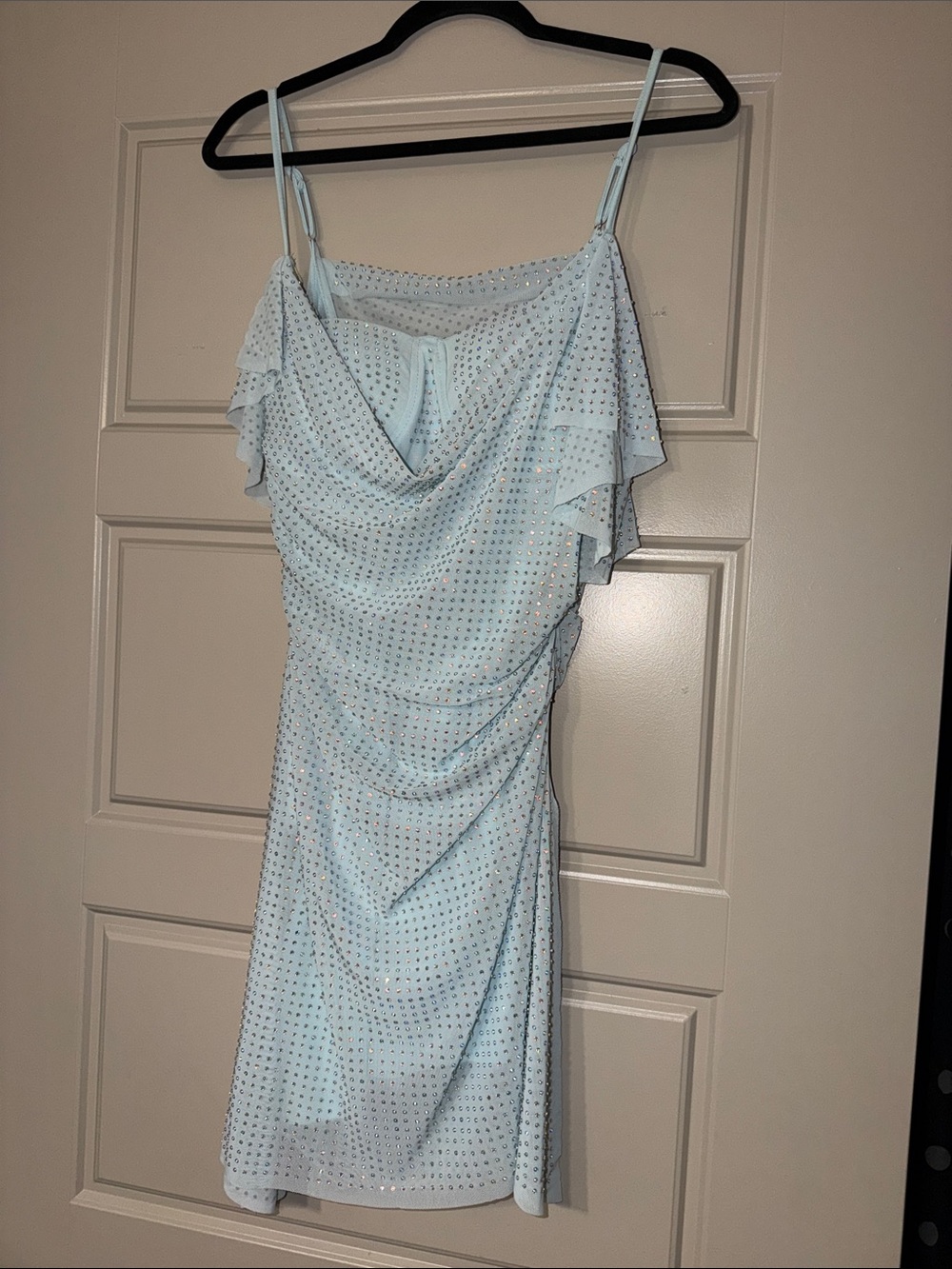 Baby Blue Spaghetti Strap Mini Dress with Rhinestones